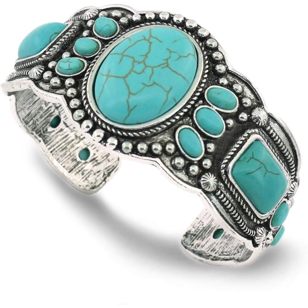 Women's Antique Rgentium Plated Base Heart Compressed Turquoise Bracelet Cuff Ba